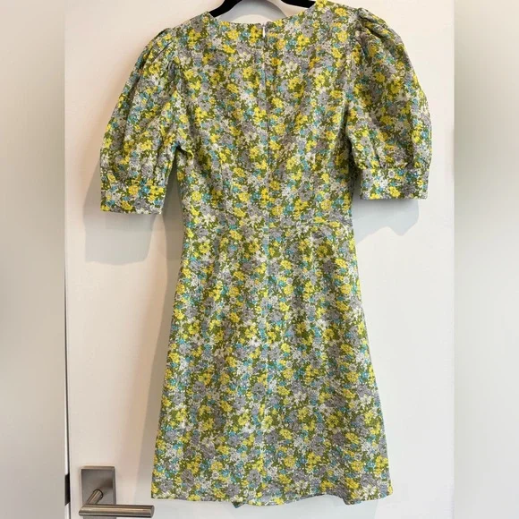 Urban Revivo Petra Yellow Retro Floral Wrap Puff Sleeve Mini Dress - Picture 2 of 6